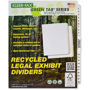 Kleer-Fax Legal 80000 Series Printed 1 - 25 Exhibit Index Divider - 25 x Tab Printed 1 - 25 - 26 Tab(s)/Set - 8.5" x 11" - White Divider - White Tab
