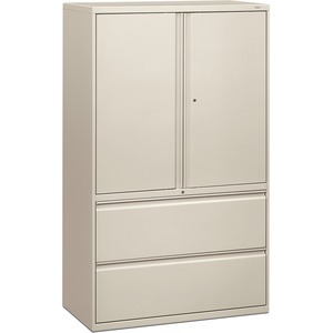 HON 800 Series Wide Lateral File with Storage Cabinet - 42" x 19.25" x 67" - Steel - 2 x Shelf(ves) - 2 x File Drawer(s) - Letter - Light Gray