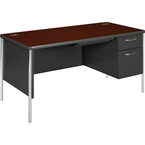 HON Mentor Single Pedestal Desk - Rectangle - 2 Drawer - 30" x 60" x 29.5" - Steel, Vinyl - Gray Interior, Mahogany Top