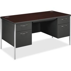 HON Mentor Series Double Desk With Pedestal - 60" Width x 30" Depth x 29.5" Height - Single Pedestal on Right Side - Rounded Edge - Steel - Mahogany Top