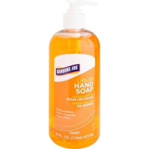 Genuine Joe Liquid Soap - 16oz - Push Pump Dispenser - Anti-bacterial, Moisturizing, Dye-free - Orange