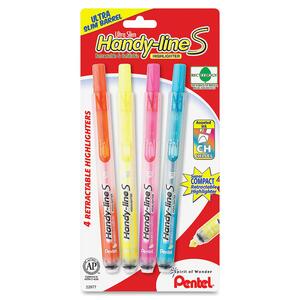 Pentel Handy-line S Retractable Highlighter - Chisel Marker Point Style - Orange Ink, Sky Blue Ink, Pink Ink, Yellow Ink - 4 / Pack
