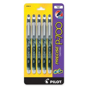Pilot Precise P700 Gel Roller Pen - Black Ink - Black Barrel - 5 / Pack