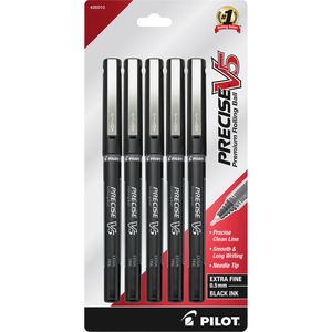 Pilot Precise V5 26010 Rollerball Pen - Needle Pen Point Style - 0.5 mm Pen Point Size - Black Ink - Black Barrel - 5 / Pack