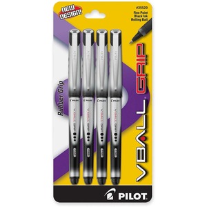 Pilot VBall Grip Rollerball Pen - Black Ink - Black Barrel - 4 / Pack