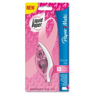 Paper Mate Dryline Grip Breast Cancer Correction Film - 0.2" Width x 334" Length - 1 Line(s) - White Tape - Ergonomic Dispenser - Non-refillable, Break-resistant, Tear Resistant - 1 Each - Pink Dispenser