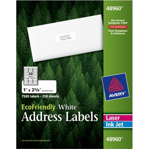 Avery EcoFriendly Address Label - 2.62" Width x 1" Length - 30/Sheet - Permanent - 7500 / Box - White
