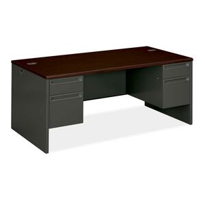 HON 38000 Series 38170 Pedestal Desk - 66" Width x 30" Depth x 29.5" Height - Double - RADIUS Edge - Steel - Mahogany, Charcoal