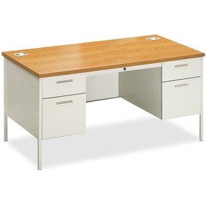 HON Metro Classic Series P3261 Pedestal Desk - 60" Width x 30" Depth x 29.5" Height - 2 Drawer - Double - Steel - Putty, Medium Oak