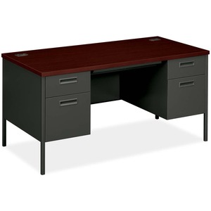 HON Metro Classic Series P3261 Pedestal Desk - 60" Width x 30" Depth x 29.5" Height - 2 Drawer - Double - Steel - Mahogany, Charcoal