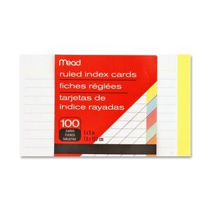 Mead Colored Index Card - 100 Sheet(s) - Ruled - 3" x 5" - 1 Pack - Buff, Blue, Orange, Cherry, Green