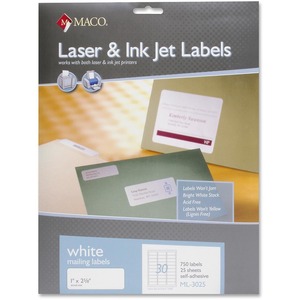Maco Address Label - 1" Width x 2.62" Length - 30/Sheet - 750 / Pack - White