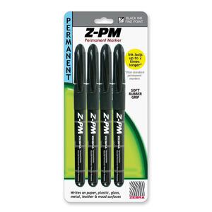 Zebra Pen Z-PM Permanent Marker - Point Marker Point Style - 1 mm Marker Point Size - Black Ink - Black Barrel - 4 / Pack