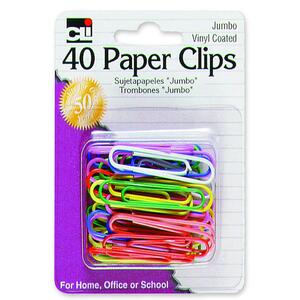 CLI Jumbo Paper Clip - Steel, Vinyl - 40 / Pack - Assorted