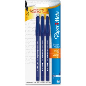 Paper Mate Erasermate Ballpoint Pen - Blue Ink - 3 / Pack
