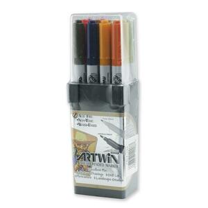 Marvy Artwin Double Ended Marker - Point Marker Point Style - Mocha Ink, African Violet Ink, Pumpkin Ink, Terra Cotton Ink, Persimmon Ink, Suede Ink, Tan Ink, Celery Ink, Aubergine Ink, Scarlet Ink, Celadon Ink, Jungle Green Ink - 12 / Set