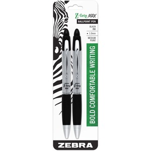 Zebra Pen Z-Grip Max Ballpoint Pen - 1 mm Pen Point Size - Black Ink - Clear Barrel - 2 / Pack