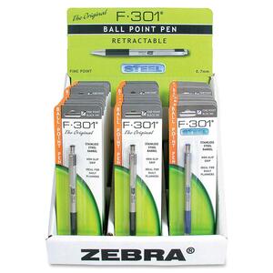 Zebra Pen F-301 Ballpoint Pen - 0.7 mm Pen Point Size - Assorted Ink - Stainless Steel Barrel - 1 Display Box