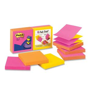 Post-it Pop-up Assorted Note - Repositionable, Self-adhesive - 3" x 3" - Neon - 6 / Pack