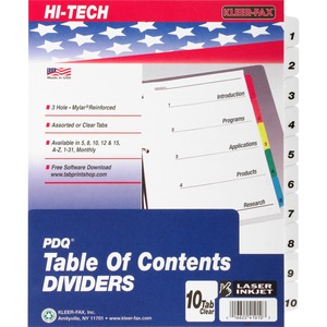 Kleer-Fax 3-Hole Punched Index Divider - 10 x Tab Printed 1 to 10 - 8.5" x 11" - 10 / Set - White Divider - Black Tab