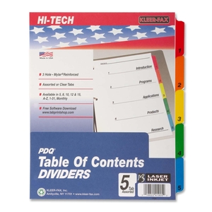 Kleer-Fax 3-Hole Punched Index Divider - 5 x Tab Printed 1 to 5 - 8.5" x 11" - 5 / Set - White Divider - Assorted Tab