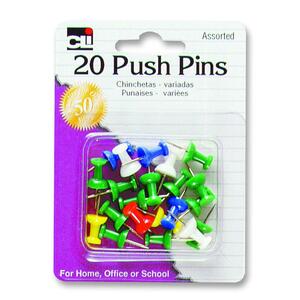 CLI Push Pin - 0.43" Length - Steel, Plastic - 20 / Pack - Assorted