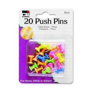 CLI Push Pin - 0.43" Length - Steel, Plastic - 20 / Pack - Neon Assorted