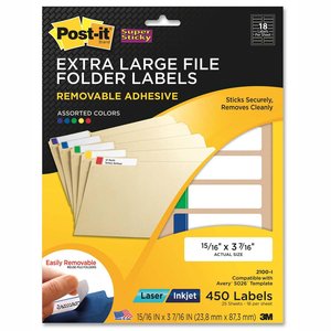 Post-it Super Sticky File Folder Label - 0.94" Width x 3.44" Length - 18/Sheet - Removable - 450 / Pack - Assorted