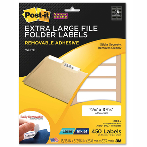 Post-it Super Sticky File Folder Label - 0.94" Width x 3.44" Length - 18/Sheet - Removable - 450 / Pack - White