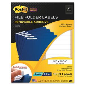 Post-it Super Sticky File Folder Label - 17mm Width x 87mm Length - 30/Sheet - Removable - 1500 / Pack - White