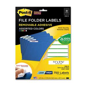 Post-it Super Sticky File Folder Label - 17mm Width x 87mm Length - 30/Sheet - Removable - 750 / Pack - Assorted