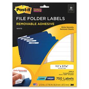 Post-it Super Sticky File Folder Label - 0.67" Width x 3.44" Length - 30/Sheet - Removable - 750 / Pack - White