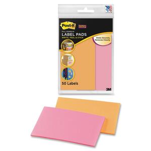 Post-it Super Sticky Label Pad - 2.88" Width x 4.62" Length - Removable - 50 / Pack - Orange, Pink