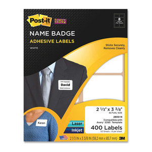 Post-it Super Sticky Name Badge Label - 2.33" Width x 3.38" Length - 8/Sheet - Removable - 400 / Pack - White