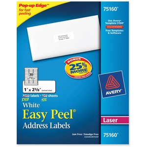 Avery Easy Peel Address Label - 1" Width x 2.62" Length - 30/Sheet - 3750 / Box - White