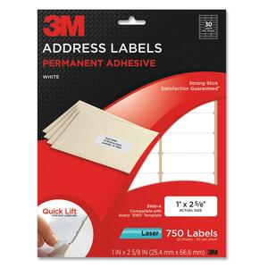 3M Address Label - 1" Width x 2.62" Length - 30/Sheet - Permanent - 750 / Pack - White
