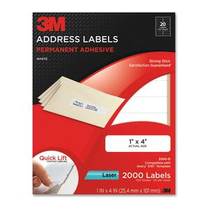 3M Address Label - 1" Width x 4" Length - 20/Sheet - Permanent - 2000 / Pack - White