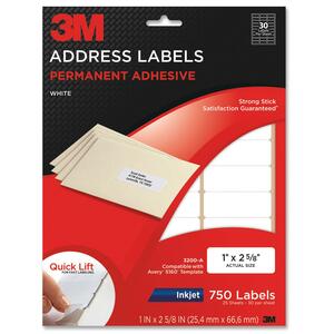 3M Address Label - 1" Width x 2.62" Length - 30/Sheet - Permanent - 750 / Pack - White