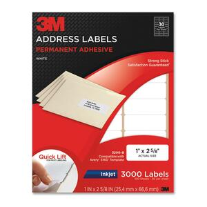 3M Address Label - 1" Width x 2.62" Length - 30/Sheet - Permanent - 3000 / Pack - White