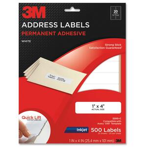 3M Address Label - 1" Width x 4" Length - 20/Sheet - Permanent - 500 / Pack - White