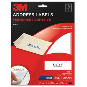 3M Address Label - 1.33" Width x 4" Length - 14/Sheet - Permanent - 350 / Pack - White