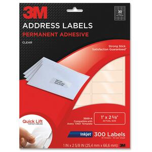 3M Address Label - 1" Width x 2.62" Length - 30/Sheet - Permanent - 10 / Pack - Clear