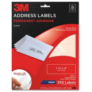 3M Address Label - 1.33" Width x 4" Length - 14/Sheet - Permanent - 25 / Pack - Clear