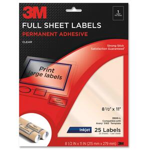 3M Full Sheet Address Label - 8.5" Width x 11" Length - 1/Sheet - Permanent - 25 / Pack - Clear