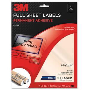 3M Full Sheet Address Label - 8.5" Width x 11" Length - 1/Sheet - Permanent - 10 / Pack - Clear