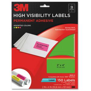 3M High Visibility Label - 2" Width x 4" Length - 10/Sheet - Permanent - 15 / Pack - Assorted Neon