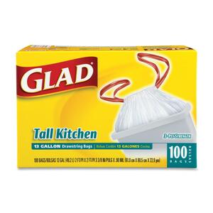 Glad Tall Kitchen Drawstring Trash Bag - Trash Bag - 13 gal - 9mil Thickness - 100 / Box - White