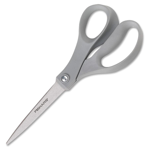 Fiskars Plastic Handle Contoured Scissors - 3.62" Cutting Length - 8" Overall Length - Pointed - Straight-left/right - Stainless Steel - Gray