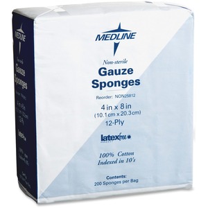 Medline Woven Gauze Sponge - 12 Ply - 4" x 8" - 200 / Box - White