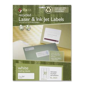 Maco Mailing Address Label - 1" Width x 2.62" Length - 30/Sheet - Permanent - 750 / Pack - Bright White